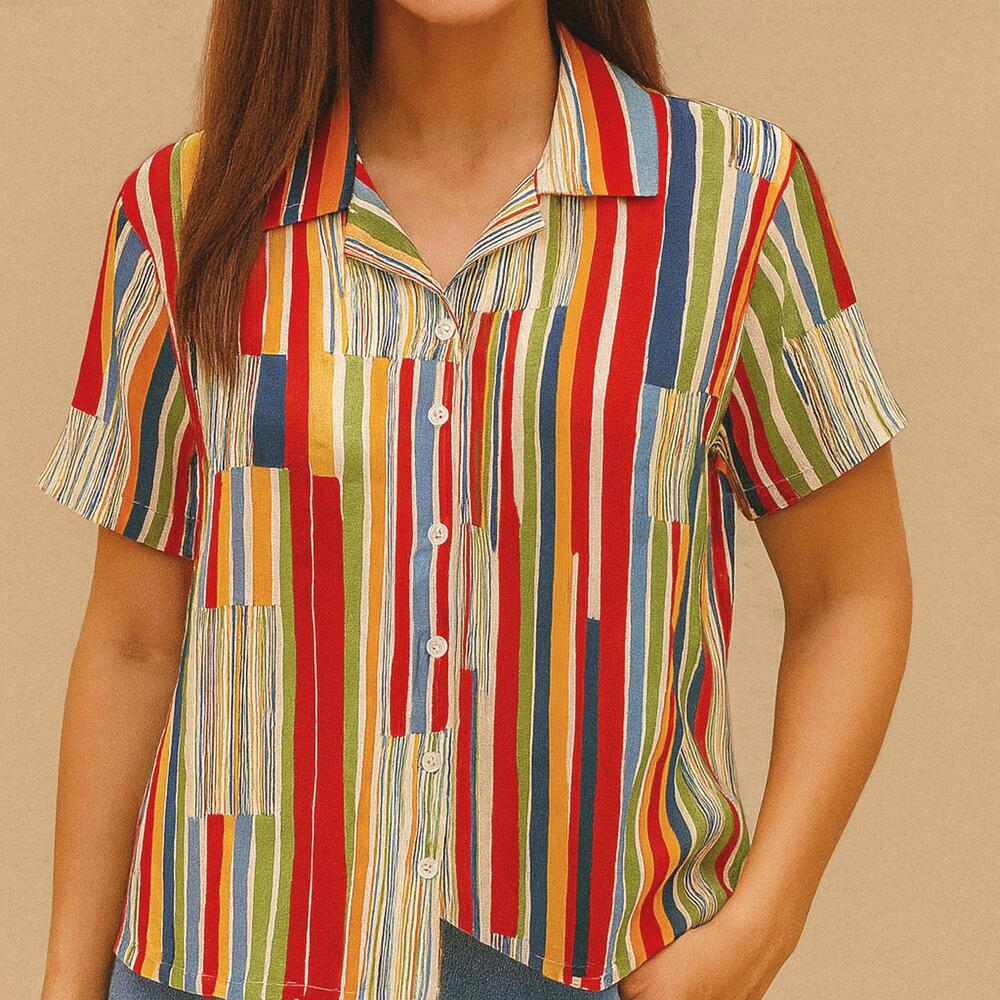 Vintage Multicolor Stripe Blouse Alia Petite 10 | Y2k Retro Eclectic Colorblock